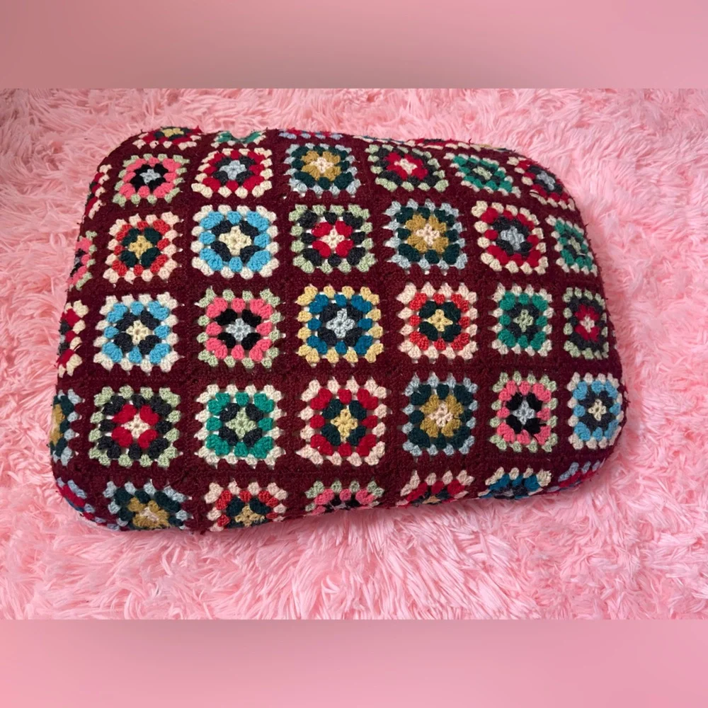 Vintage Handmade Crochet Granny Square Pillow Boho Burgundy Multicolor